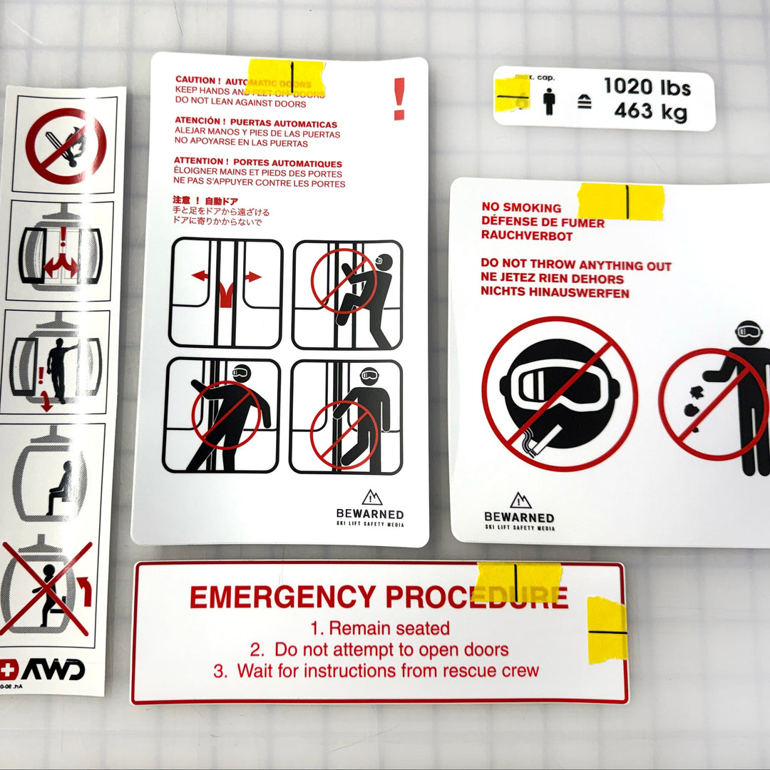 Ski gondola caution stickers